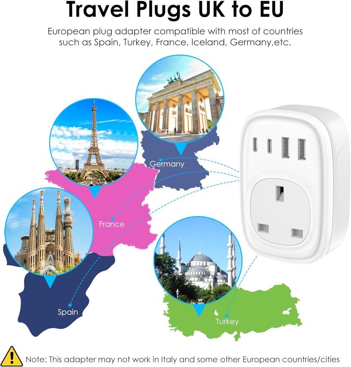 Picture of UK to EU Plug Adapter – 40W USB-C Fast Travel Charger, Type E/F, Europe Compatible