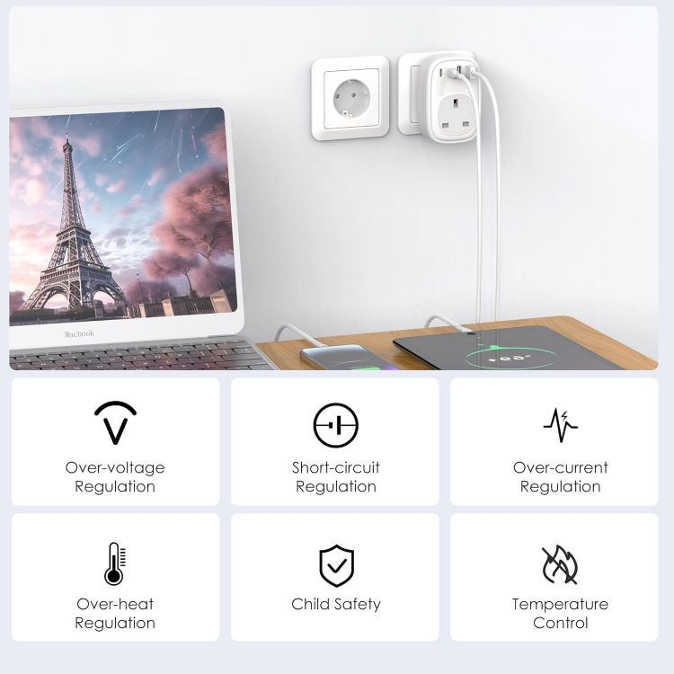 Picture of UK to EU Plug Adapter – 40W USB-C Fast Travel Charger, Type E/F, Europe Compatible