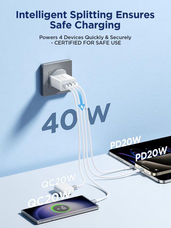 Picture of 40W USB-C Fast Charge 4-Port Multi USB Wall Charger – UK Dual PD & QC Adapter for iPhone 17–8, Samsung, iPad