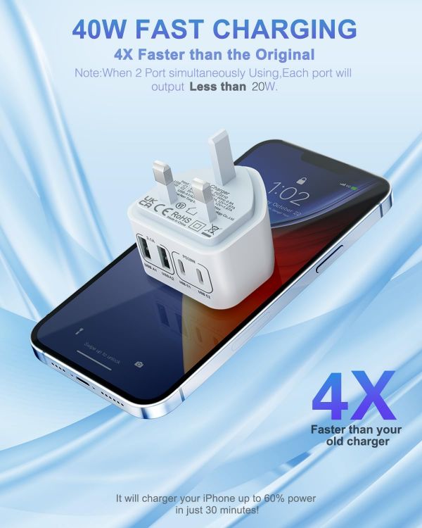 Picture of 40W USB-C Fast Charging Plug, UK 4-Port Multi USB Charger Adapter – Dual USB-C & USB-A Wall Charger for iPhone 16/15/14/13/12/11, iPad & Samsung Galaxy