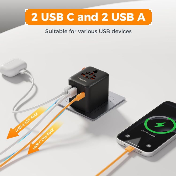 Picture of TESSAN Universal Travel Adapter Worldwide – 4 USB Ports (2 USB-C) International Plug Adapter for UK, EU, USA, Australia & Thailand (Type C, G, A, I) – Black