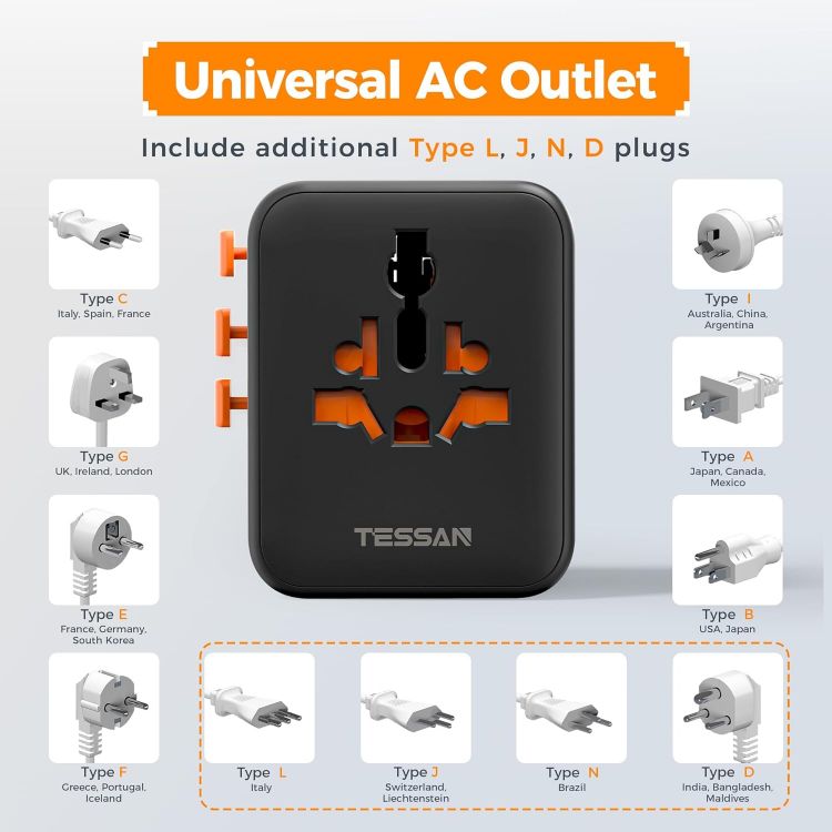 Picture of TESSAN Universal Travel Adapter Worldwide – 4 USB Ports (2 USB-C) International Plug Adapter for UK, EU, USA, Australia & Thailand (Type C, G, A, I) – Black
