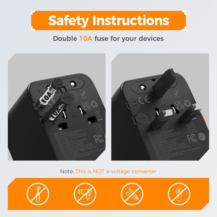 Picture of TESSAN Universal Travel Adapter Worldwide – 4 USB Ports (2 USB-C) International Plug Adapter for UK, EU, USA, Australia & Thailand (Type C, G, A, I) – Black