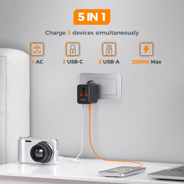 Picture of TESSAN Universal Travel Adapter Worldwide – 4 USB Ports (2 USB-C) International Plug Adapter for UK, EU, USA, Australia & Thailand (Type C, G, A, I) – Black