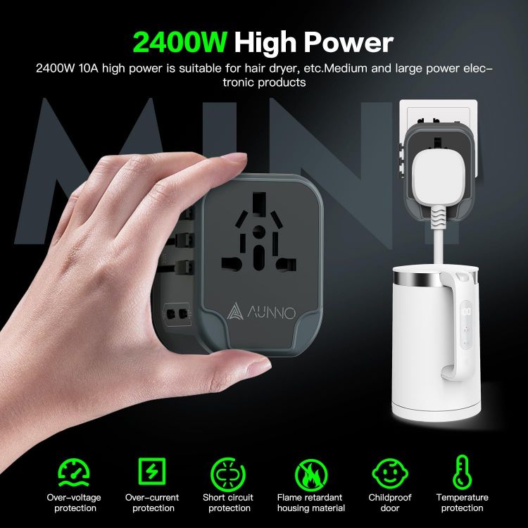 Picture of AUNNO Universal Travel Adapter – All-in-One International Plug with 2 USB-C & 2 USB Ports, Dual Safety Fuses, UK to EU/USA/Australia Compatible