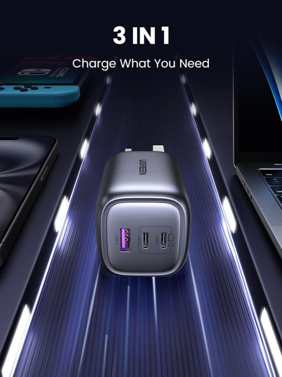 Picture of UGREEN 65W USB-C Nexode Foldable GaN Charger – 3-Port Fast Charger with PPS/PD 3.0 for MacBook, iPhone 17/17 Pro/16/15, iPad & Galaxy S25/S24