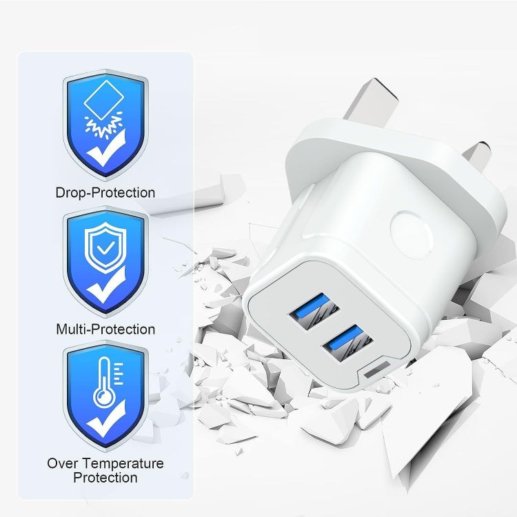 Picture of Dual USB Charger Plug UK – 3-Pin 5V 2A Mains Adapter, Double Port Phone Charger Compatible with iPhone 16/15/14/13/12/11, XS/X/XR, iPad