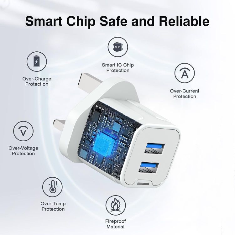 Picture of Dual USB Charger Plug UK – 3-Pin 5V 2A Mains Adapter, Double Port Phone Charger Compatible with iPhone 16/15/14/13/12/11, XS/X/XR, iPad