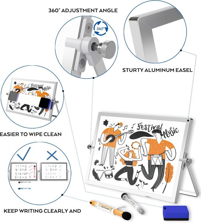 Picture of Nicpro A3 Double-Sided Magnetic Mini Whiteboard 40x30cm with Stand, Pens, Eraser & Magnets Portable