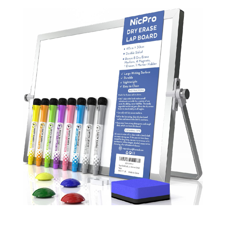 Picture of Nicpro A3 Double-Sided Magnetic Mini Whiteboard 40x30cm with Stand, Pens, Eraser & Magnets Portable
