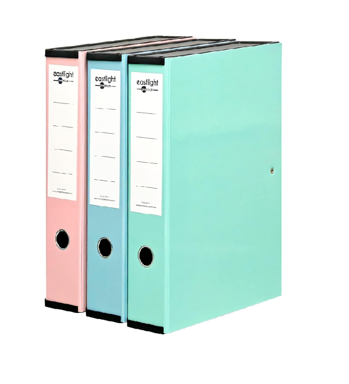 Picture of Box File Set Pastel Pink Blue Green Foolscap 75mm Spine Lockspring Ring Pull Catch Pack 3