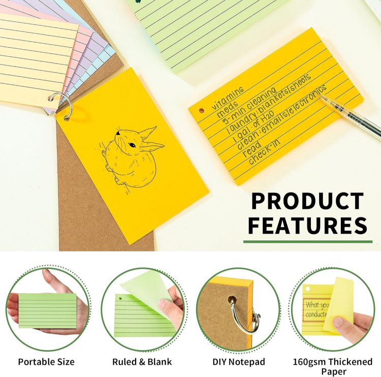 Picture of 500PCS Colored Index Cards with Rings – 10 Colors, 5"x3", Lined & Blank, Study & Office Use