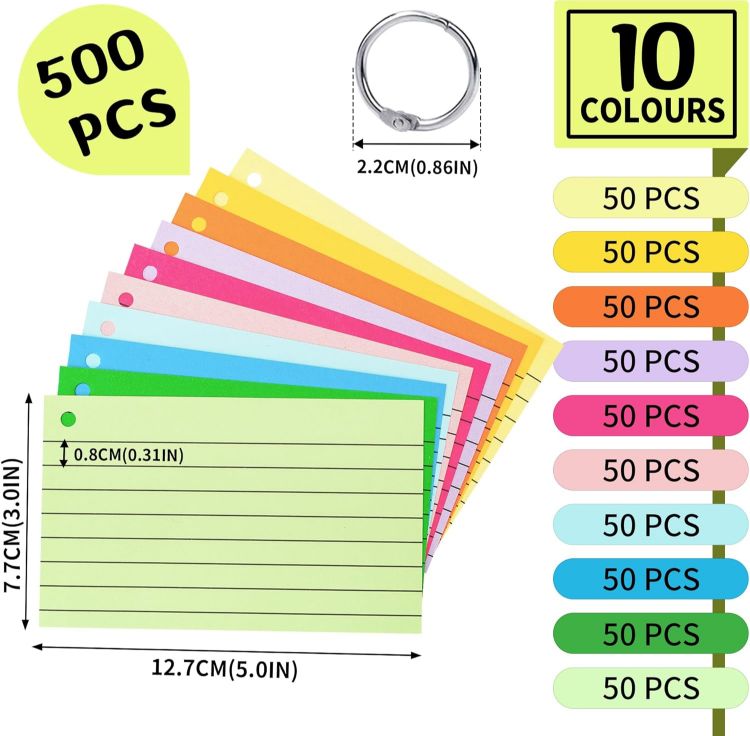 Picture of 500PCS Colored Index Cards with Rings – 10 Colors, 5"x3", Lined & Blank, Study & Office Use