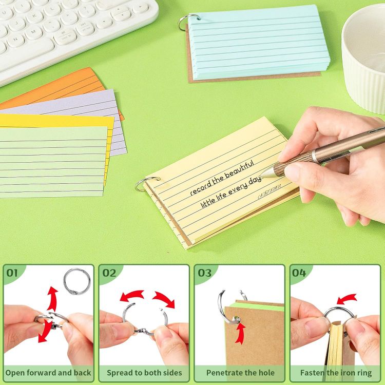 Picture of 500PCS Colored Index Cards with Rings – 10 Colors, 5"x3", Lined & Blank, Study & Office Use