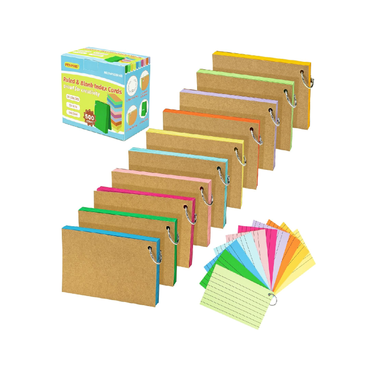 Picture of 500PCS Colored Index Cards with Rings – 10 Colors, 5"x3", Lined & Blank, Study & Office Use